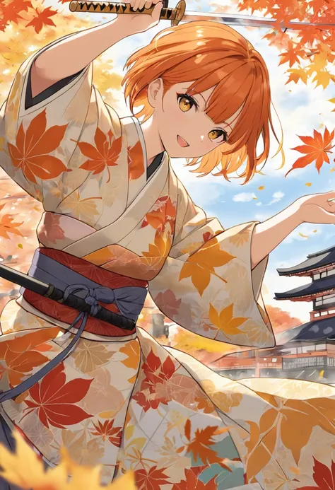  cool adult woman 、 orange short hair and yellow eyes、Kimonos and swords from the end of the Edo period、Kyoto Background 、(Autumn leaves dancing in the wind)