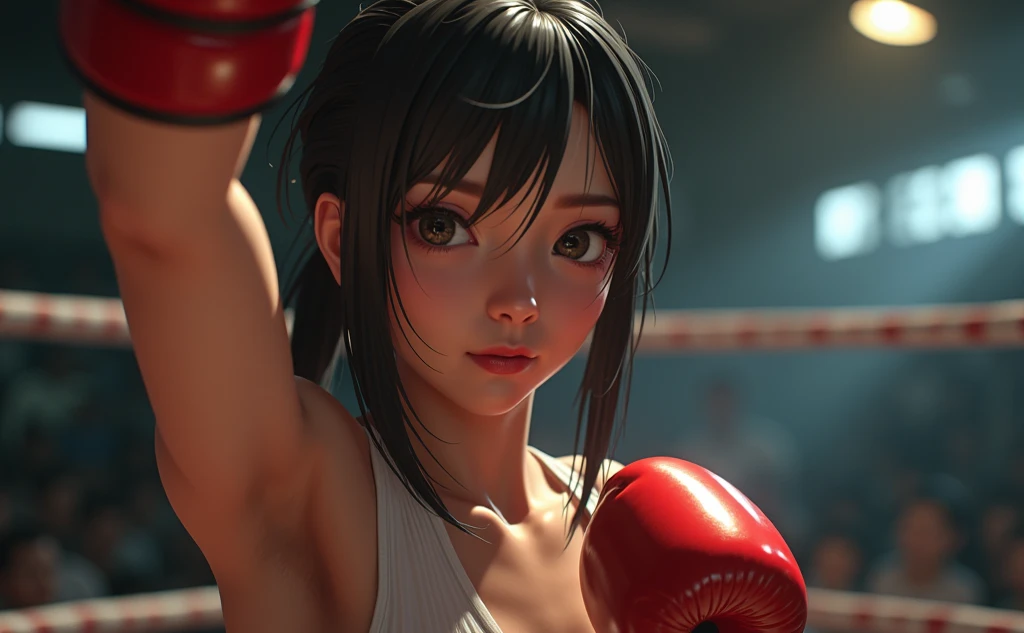 A woman who can be defeated throws in the towel in a shocking TKO in her debut match! Her opponent loses the will to fight due to her overwhelming strength, The image is hyper-realistic and photo-realistic with lifelike cinematic quality, using DSLR-qualit...