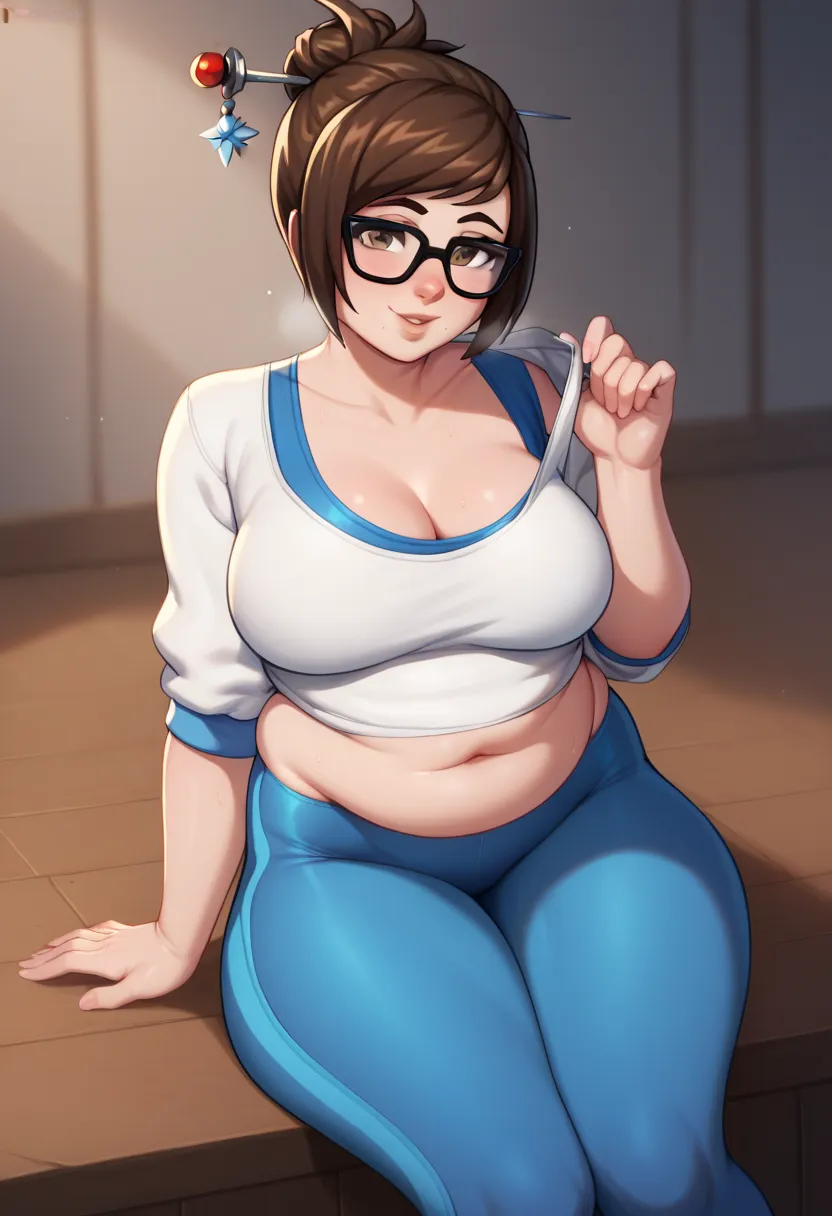 mei from overwatch, curvy, chinese, glasses, brown hair, sexy chubby, blue yoga pants, white tshirt, in dungeon, sleep in dungeo...