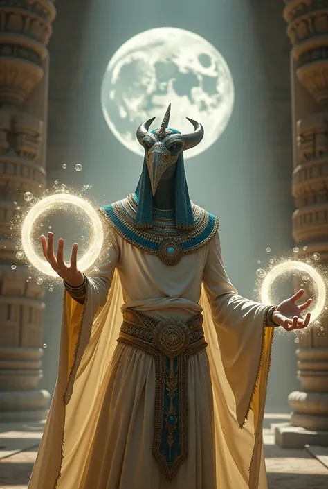 Prompt:
cinematic shot of a magical fantasy Egyptian God Khunsho , he has a head of an Ibis,,casting white bubble like spell rings, circular glowing rings in each hand, multiple spell rings, temple in background, best quality, super detailed, ultra detaile...