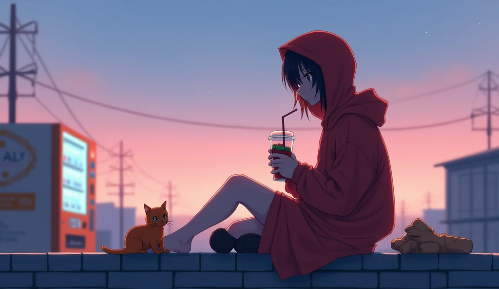 tranquil anime-style scene at dusk, featuring a young character sitting on a rooftop with a small orange cat beside them. The character is wearing an oversized red hoodie, with the hood covering most of their hair. They hold a drink with a straw in one han...