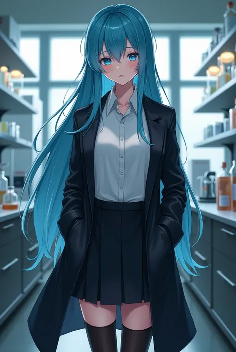 masterpiece, best quality, high quality, highres, 1girl, solo, aqua (konosuba), blue hair, long hair, blue eyes, white shirt ,long labcoat, black office skirt, thighhighs, full body, standing, hands in pockets, bored, depth of field, laboratory,