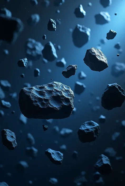 Create an image of numerous small fragments of asteroids, suspended in a space environment with blue lights illuminating the scene. The fragments should vary in size and shape, with some appearing more angular and others more rounded. Ensure the blue light...