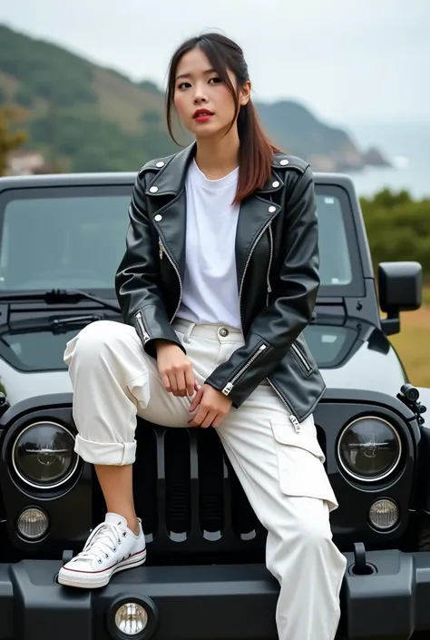  Potrait outdoor real photography professional ,  a beautiful asian woman wearing a black leather jacket  ,loose t-shirt  , white cargo pant ,  wearing Converse shoes ,  straight hair in a ponytail half ponytail  /  half pony tail , poses sitting on top of...