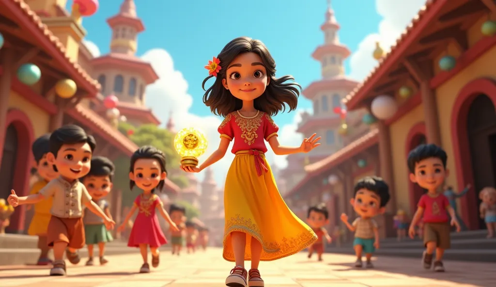 "Rina, shoulder-length wavy hair with a flower clip, bright eyes and a confident smile, wearing a vibrant red blouse with gold embroidery, a flowing yellow skirt, and big size boobs, and brown sneakers , big size boobs, saw half boobs, 
 
"Rina, walking through the village square carrying a glowing artifact, villagers surrounding her with happy expressions, bright sunny day with festive decorations, animated style, full body."



3D PIXAR STYLE.
