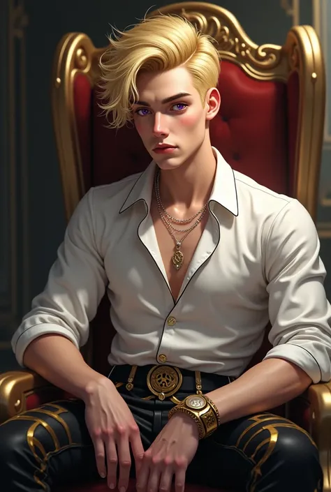 A man with blond hair with a Two-block haircut with purple eyes with a soft and young face and a curled face and with a thin smile on his side and sitting on a small throne wearing a white shirt with gold and black pants., attractive portrait , intricate, ...