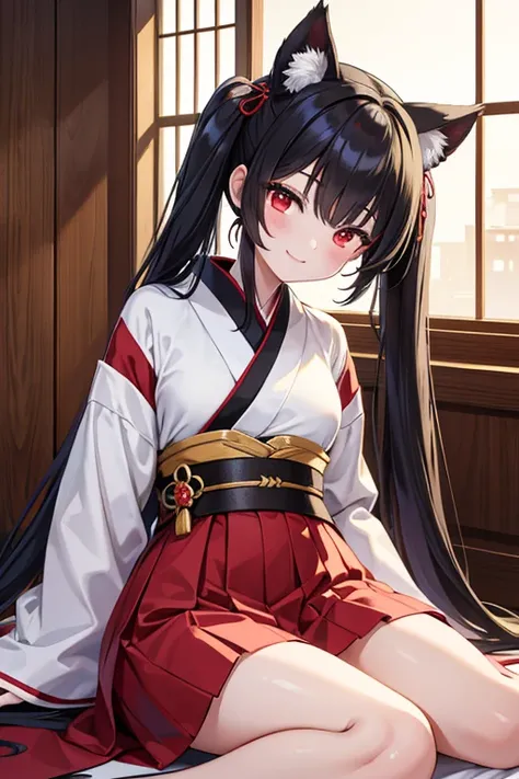  1 beautiful girl with pieces 　Shows up to the waist　 Black Long Hair 　 twin tails　Red eyes　Bright smile　Japan Heian aristocracy　12 singles in white and yellow 　 inside a sleeping building 