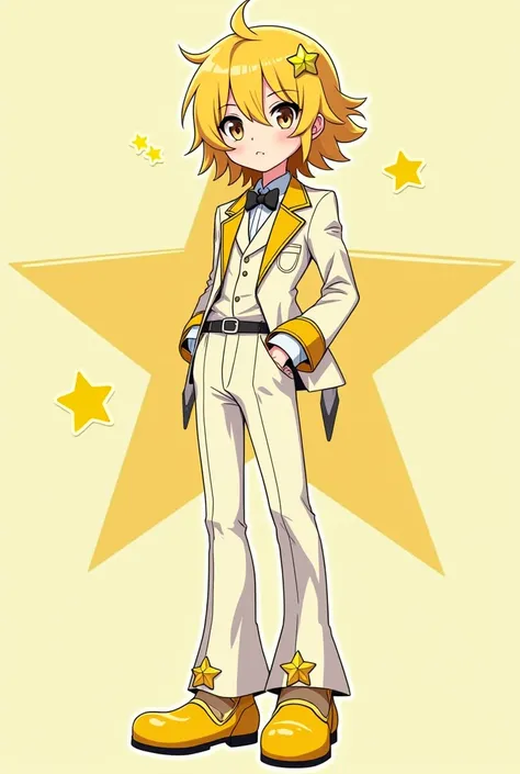 Japanese Sci fi Anime Art style A Cute Femboy and creamy Yellow Wavy hair from and has a neon star also wears also a neon vector star hair clip on his left hair bang and wears a creamy star
and has A Yellow 6 pointed Star eyes and sticker on his right bott...