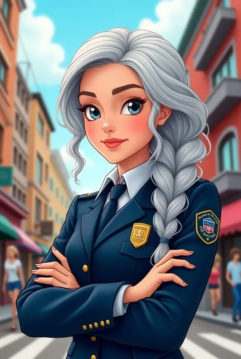 Bridal braid sliver hair girl 
In a police uniform
In the streets
Cartoon
