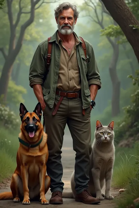 Man with a brown Malinois dog next to him and a light gray cat