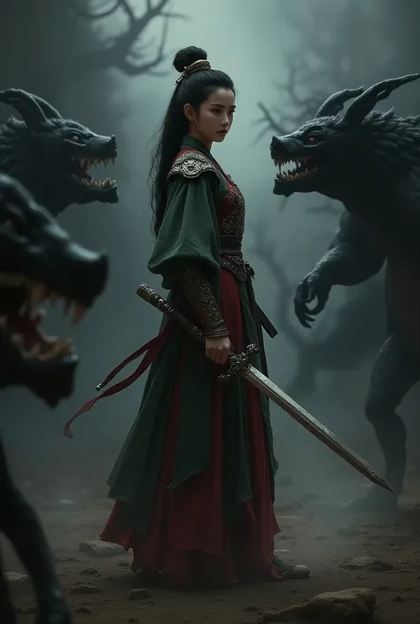 Mulan-style swordswoman girl facing dark and dangerous creatures