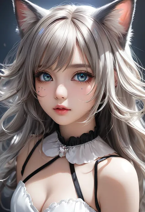 A cute woman is wearing cat makeup and cosplay, Striking eyes, Shiny, Silky Hair, Adorable and lewd look  ,  behind , Cute,  Delicate and Dynamic Texture ,  light and dark contrast , 2.5D,  Artistic Photos , hyper realistic, Super detailed,  high definitio...