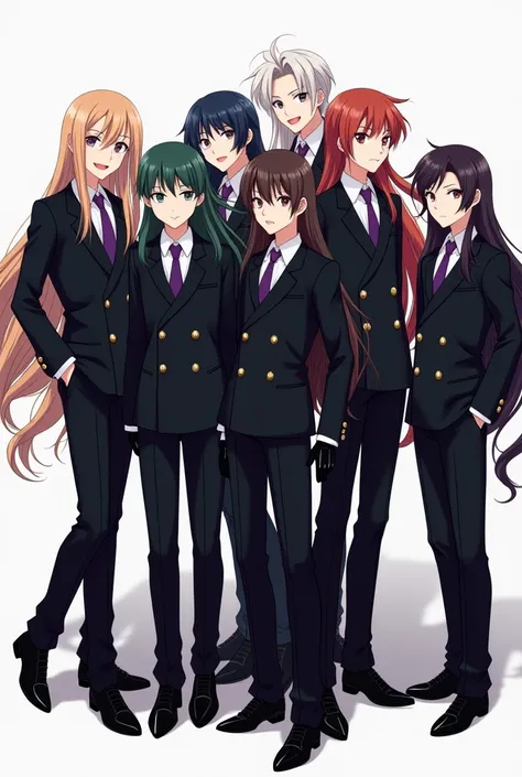 A Group of 8 Anime Japanese Teen boys with Very Long Flowing hair of Different Colors,  black double-breasted suits over  White dress shirts.  Purple ties that stay tight around their neck. Pointed toe shoes and black Leather gloves. 