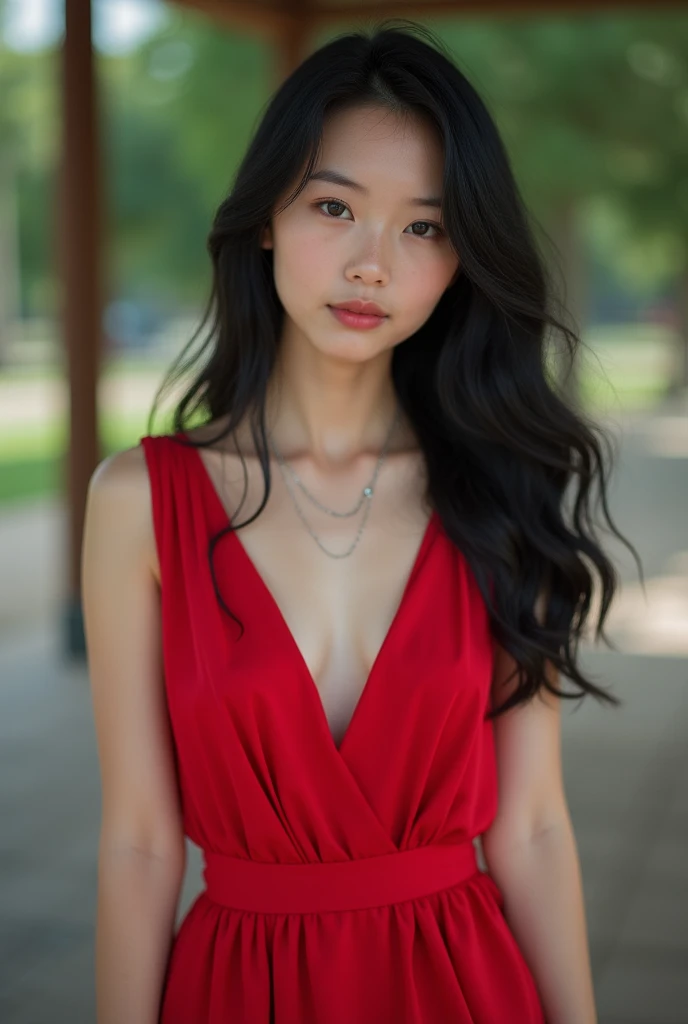 A high-resolution, ultra-realistic portrait of beautiful 20 year old Japanese girl with black hair, short red dress, full body shot,ltaken with Sony Alpha a9 II and Sony FE 200-600mm f/5.6-6.3 G OSS lens, natural light, hyper-realistic photo, ultra detaile...