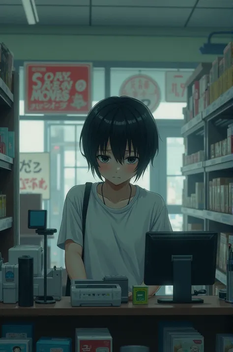 Sad anime character being dependent on a store behind the cash register 