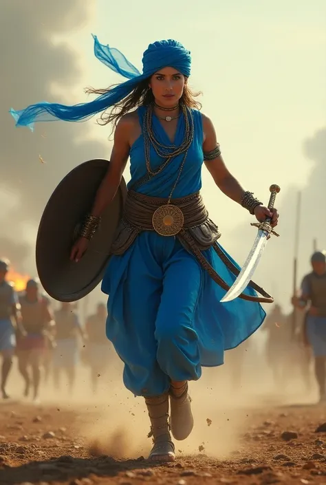 Beautiful Sikh lady worrier  wearing turban and running in  full blue dress and armour and soward and shield and war in background