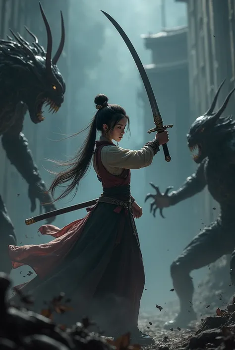 Mulan-style swordswoman girl fighting dark and dangerous creatures