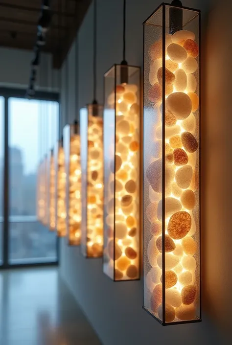 Light panels made of river pebbles and glass