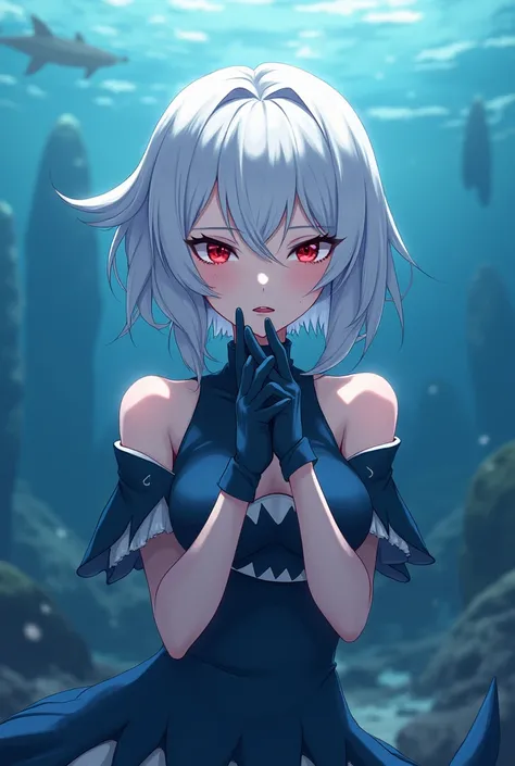 vtuber. anime. Shark theme .ocean.girl.sedikit seksi. wear gloves.slightly closed . Pull body.  white hair . red eye.pakaiyan slightly closed .  short hair