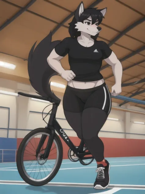 Furry, wolf, female, black shirt, black spandex bike shorts, shoes, indoor running track, friend, competitor, full body