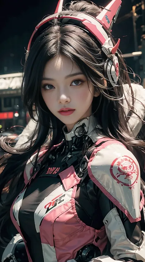 Highest image quality, outstanding details, ultra-high resolution, (realism: 1.4), the best illustration, favor details, highly condensed 1girl, with a delicate and beautiful face, dressed in a black and pink mecha, wearing a mecha helmet, holding a direct...