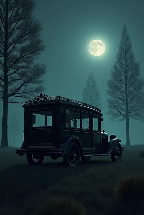 And old school hearse parked in a field at night with a full moon peaking over the trees