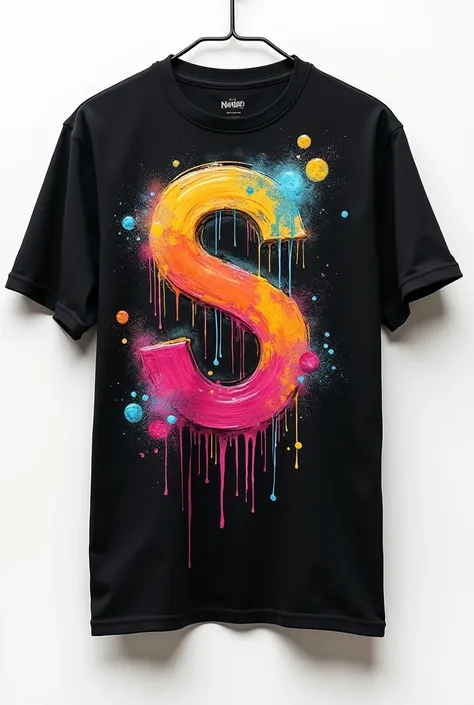 on a white wall background  , a black shirt that the print is a letter S painted in graffiti melting 