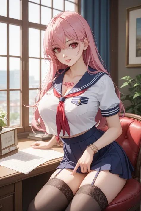 anime、 1 girl、 slender、 sailor suit、pants、 Big Breasts 、Loose clothing、Baggy clothes、 clothes that allow you to see the chest 、 stockings、skirt、 pink hair、Super detailed、 character profile 、Dark look、Dead Eyes、Slanted Eyes、Cruel atmosphere、The world is on ...