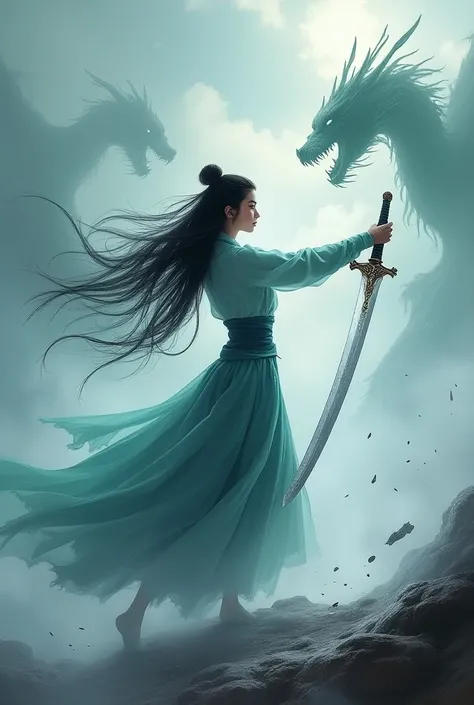 Mulan-style swordswoman girl fighting with ghosts show us dragons