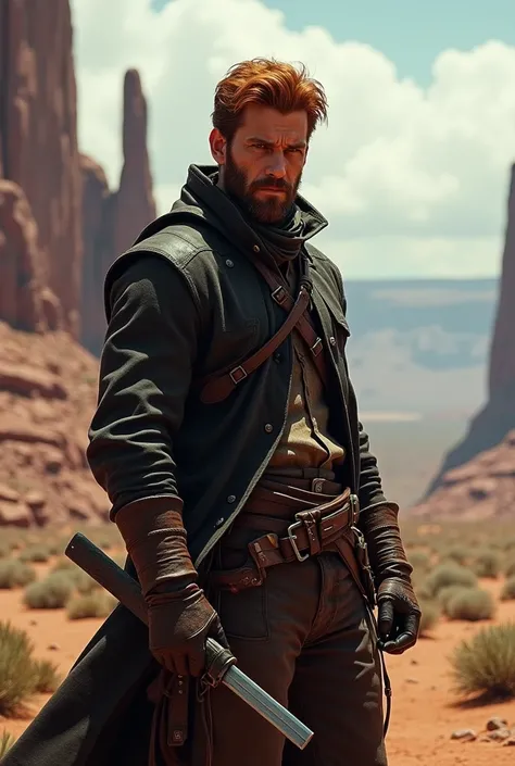 Western man who is an assassin with reddish-brown hair