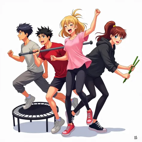 promotional poster, bright colors, best quality, masterpiece, plain white background, modern anime characters, group image of four people. two men and two women, different dynamic action poses, happy faces, extremely energetic, looking front, first handsom...