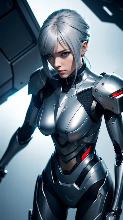 A female cyborg in shiny gunmental armor with a metallic texture. One of his arms is a sword with a liquid look.The entire body of its mechanical exoskeleton appears very delicate, with a sense of advanced technology. High contrast, sharp details, and cool...