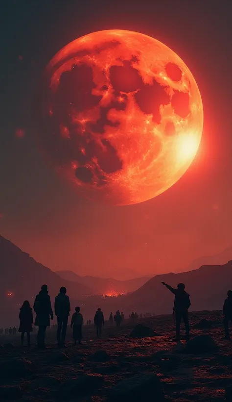 "An apocalyptic night sky dominated by a blood-red moon on the horizon, with the sun partially eclipsed beside it, emitting a faint golden glow. Falling stars, like cosmic fireworks, illuminate the dark barren landscape. People stand in small groups across...