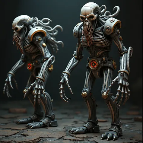 3D renderings, a toys, action figures, full body images, steampunk, mechanical, skull face, Cthulhu monsters, evil and horrible style, realistic photos, digital images.