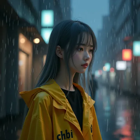 Generate an photo realistic of  a  beautiful korean women facing right with gray long straight  hair age 25 ,wearing a black shirt and yellow raincoat  .  name CHIBI written on his attire . night rainy    background .with 1:1 aspect ratio.