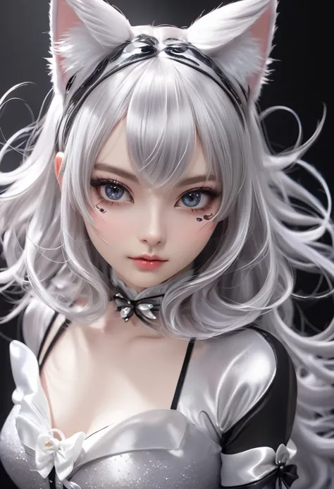 A cute woman is wearing cat makeup and cosplay, Striking eyes, Shiny, Silky Hair, Adorable and lewd look  ,  behind , Cute,  Delicate and Dynamic Texture ,  light and dark contrast , 2.5D,  Artistic Photos , hyper realistic, Super detailed,  high definitio...