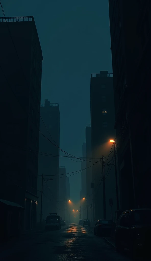  create a night scene with the streets of a city with the lights of the buildings turned off. In one of the buildings ,  just one window with light on .