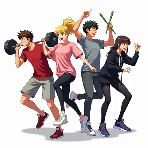 promotional poster, bright colors, best quality, masterpiece, plain white background, modern anime characters, group image of four people. two men and two women, different dynamic action poses, happy faces, extremely energetic, looking front, first handsom...