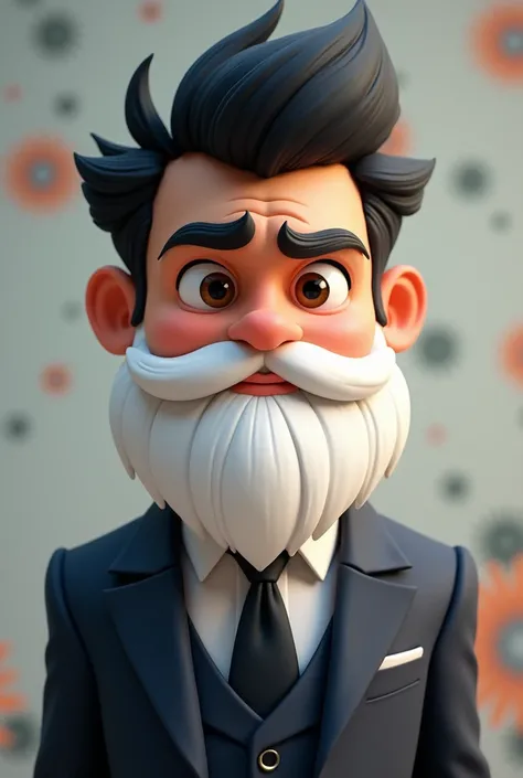 Young man with black hair and white beard, suit dress.  animated