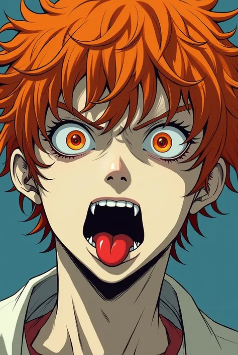 오렌지색 머리의 곱슬머리 앞머리 있는 미남,  pupil in the shape of a concentric circle in the eye , flushing, A handsome man with curly orange hair and bangs with a red tongue that emphasizes his fangs and has red tongue that seems to have regaining his appetite ,  Close-up ...