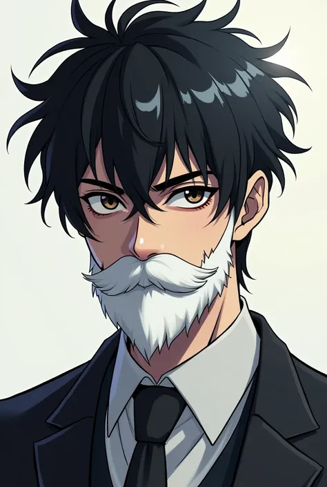 Young man with black hair and white beard, suit dress. anime