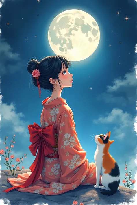 Anime watercolor style, beautiful illustration, beautiful girl alone, beautiful kimono, night sky, full moon, looking up, hair up, somewhat sad atmosphere, a well-groomed calico cat sitting next to her, looking up at the full moon, masterpiece, best qualit...