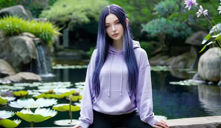 A shy young woman with long indigo hair and pale lavender eyes, symbolizing her Byakugan. She wears a lavender hoodie with black pants, exuding a calm and gentle aura. The background is a tranquil garden with lotus flowers and flowing water