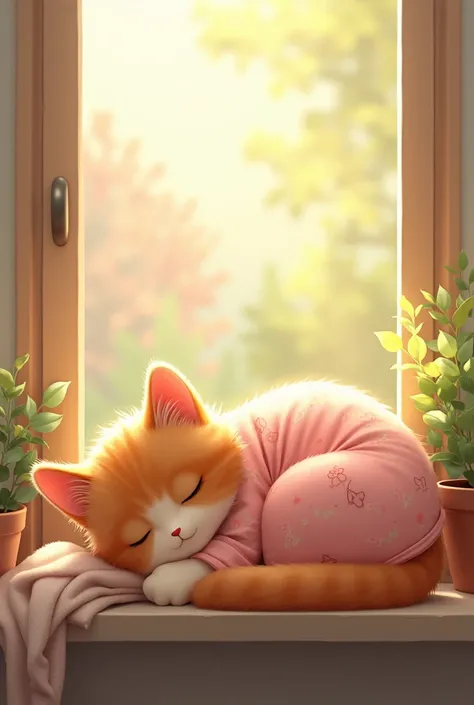 Light orange cat sleeping wearing pink pajamas window wth sunlight 