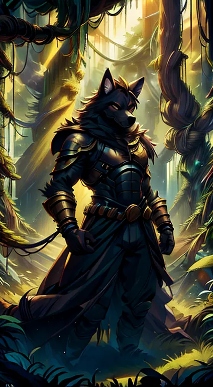 high quality, masterpiece, best detail, full-length, furry black wolf male in black armor with golden feathers and leaves, hands...