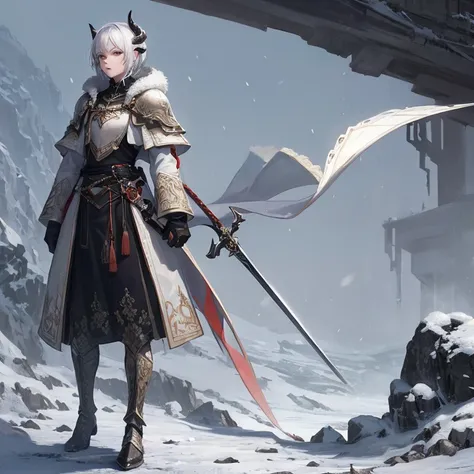 Girl with short white hair 
And horns on the head
White armor 
Walk in profile in the white snow 
Along with his long sword 
Full body 
Seriously Looking at the Spectator, 