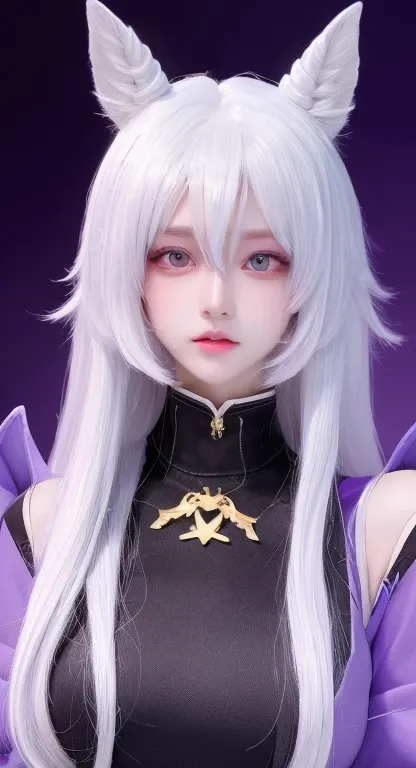 Unicorn anthropomorphic female tall detail with white hair and purple pupils