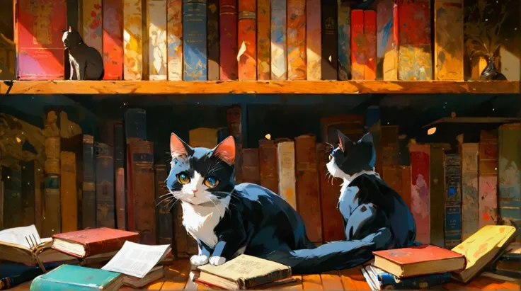 ((best quality)), ((masterpiece)), (detailed), the bookshelf is in front, books are scattered on the floor, 1 black cat, back view, extreme wide shot, extreme long shot, Anime Art Wallpaper, paper awesome wallpaper, 