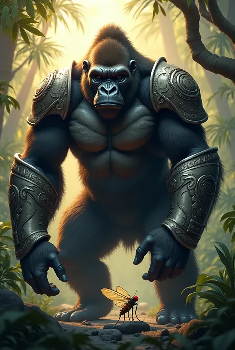 A mighty gorilla, with shiny, intricately detailed metal armor, stands in an imposing pose in a jungle clearing. Armor covers his muscular torso and arms, with shoulder plates adorned with carvings reminiscent of tribal motifs. Beside him, an ordinary fly,...