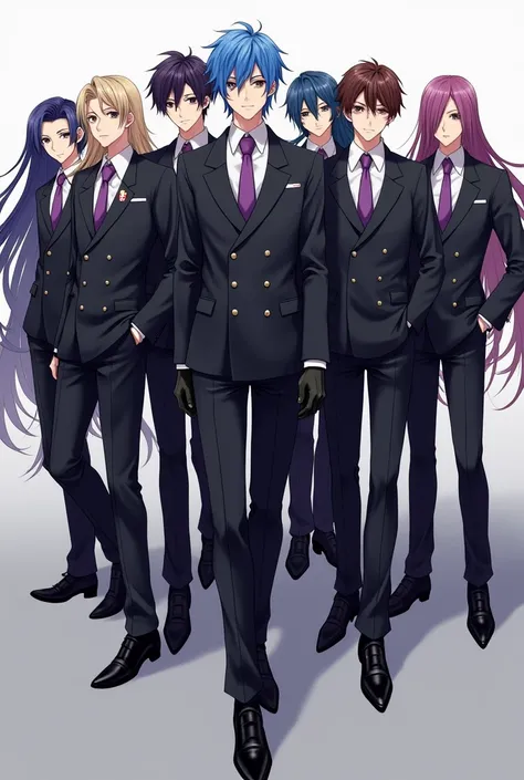 A Group of 8 Anime Japanese Teen boys with Very Long Flowing hair of Different Colors,  black double-breasted suits over  White dress shirts.  Purple ties that stay tight around their neck. Pointed toe shoes and black Leather gloves. The One with Blue Hair...